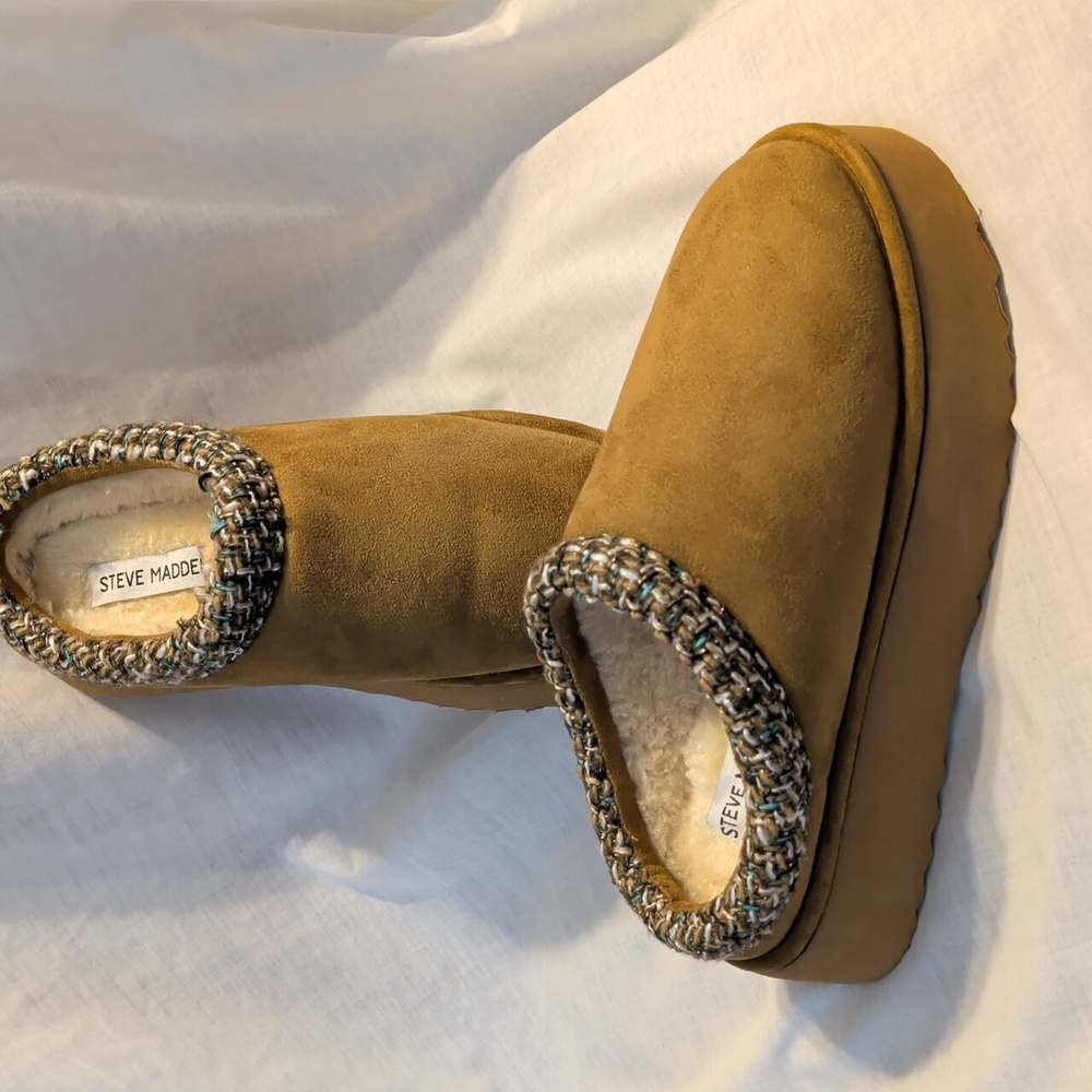Steve Madden Mule 8.5 Tan Faux Fur Microsuede Platform Bootie Slip On Shoes New